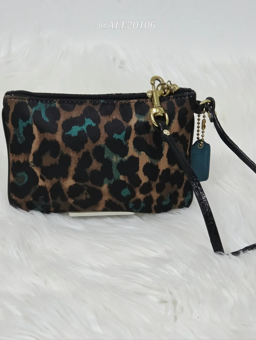 Coach Leopard Print Wristlet Zip Pouch Brown Teal Small Bag